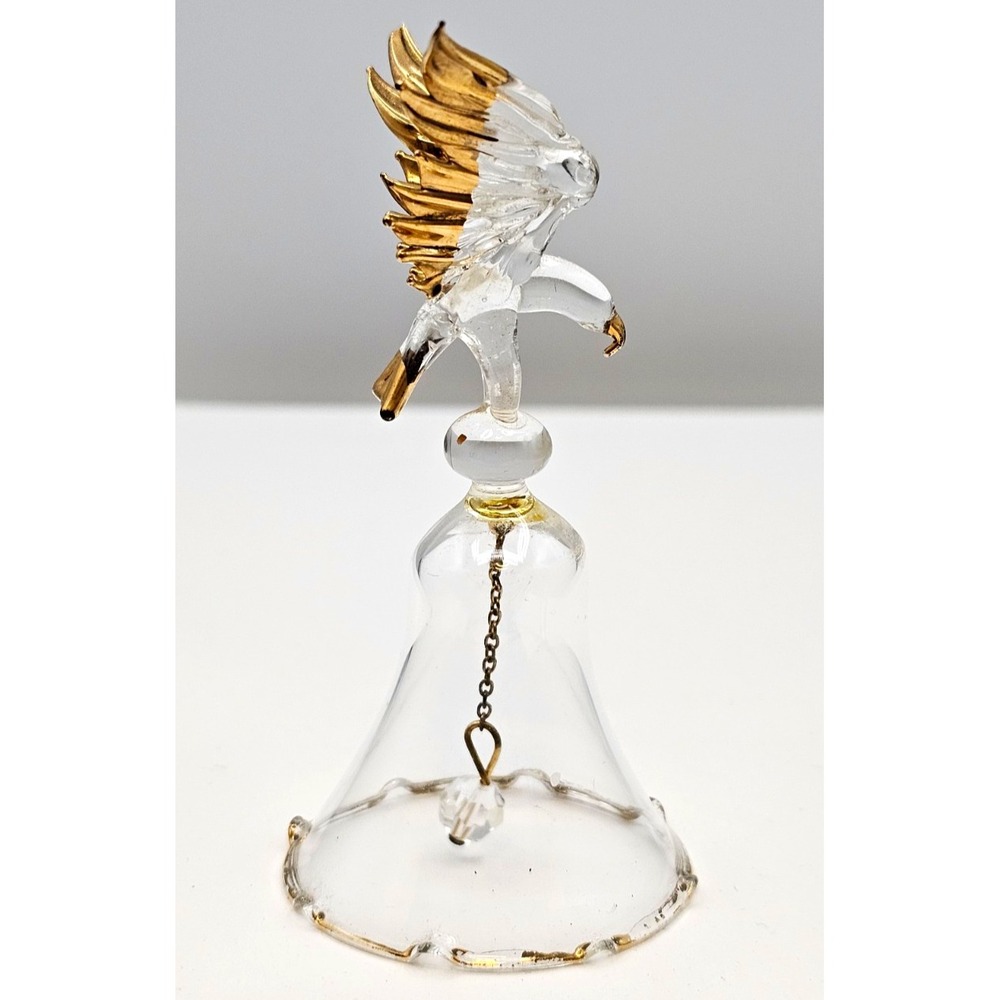 Vintage Blown Glass Bald Eagle Bell Figurine Gold Trim Crystal 4"